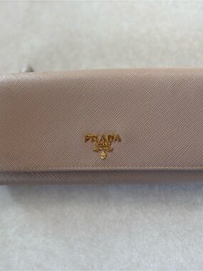 Prada Saffiano Leather Continental Wallet in Taupe with Gold Logo